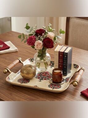 Handcrafted Indian Enamel Serving Tray - Mughan Floral Print with Wood & Brass